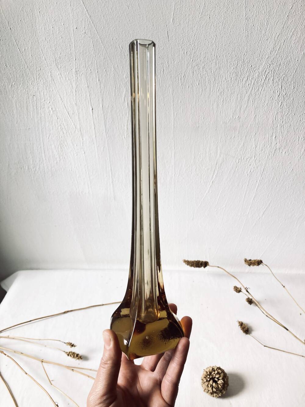 Amber glass soliflore vase, four-lobed base, 1960s-1970s.