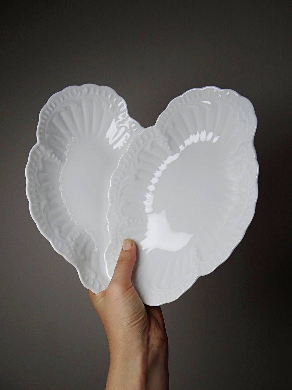 Vintage duo of Chastagner Limoges serving dishes, white rocaille porcelain.