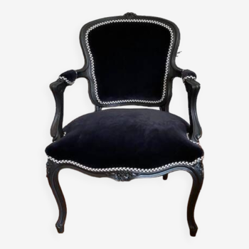 Vintage - Fauteuil de style Louis XV - Entièrement refait - Velours noir 100% coton - Galon Houlès