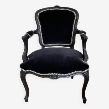 Vintage - Louis XV style armchair - Completely redone - Black velvet 100% cotton - Galon Houlès