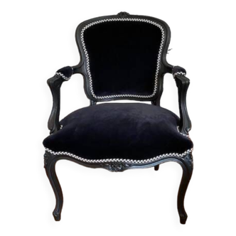 Vintage - Fauteuil de style Louis XV - Entièrement refait - Velours noir 100% coton - Galon Houlès