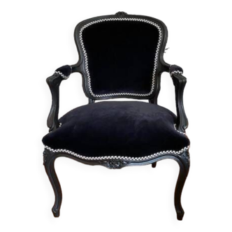 Vintage - Louis XV style armchair - Completely redone - Black velvet 100% cotton - Galon Houlès