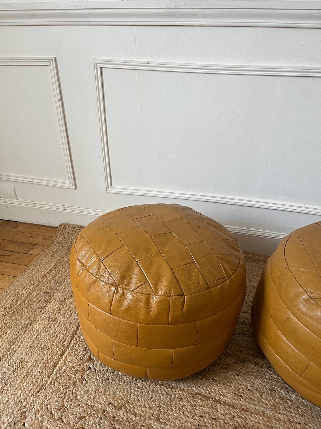 Vintage 70s patchwork leather poufs