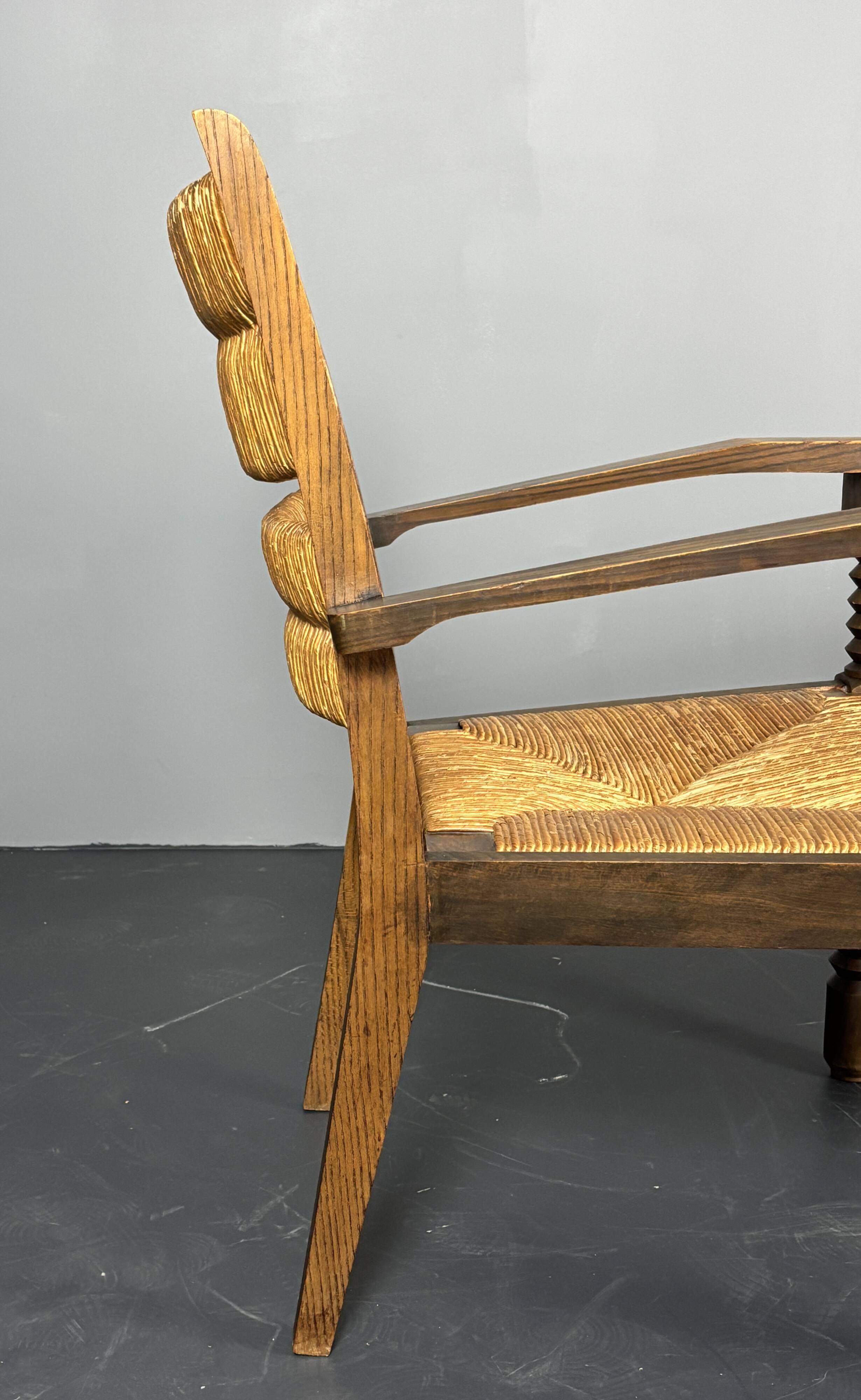 Wood turned rush armchair in the stye of Charles Dudouyt, France 1950s