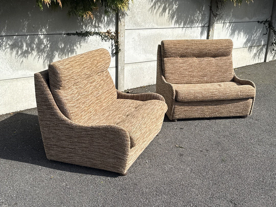 Fauteuil convertible vintage en tissu beige et marron
