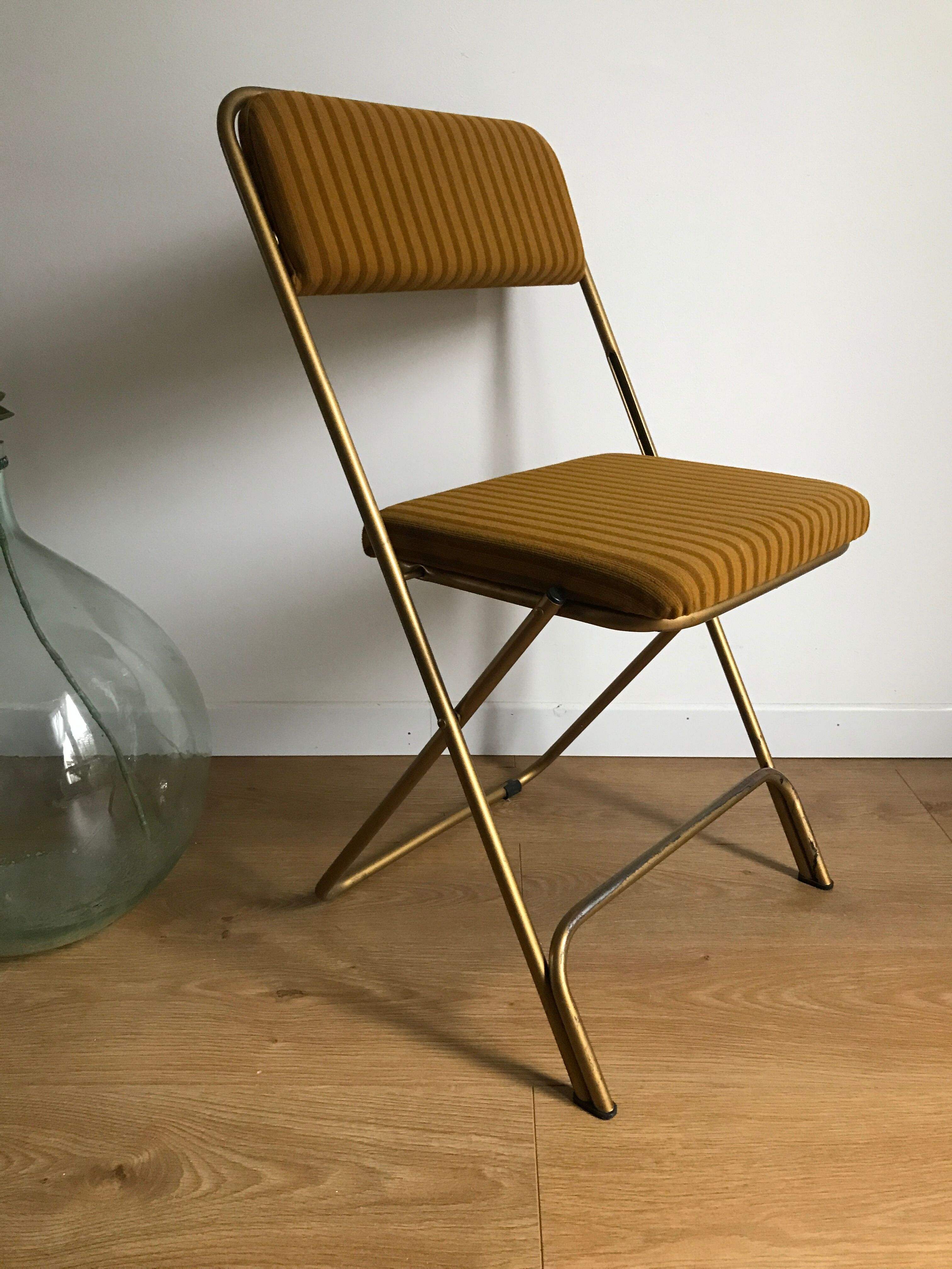 Vintage folding chair lafuma chantazur with striped gold fabric