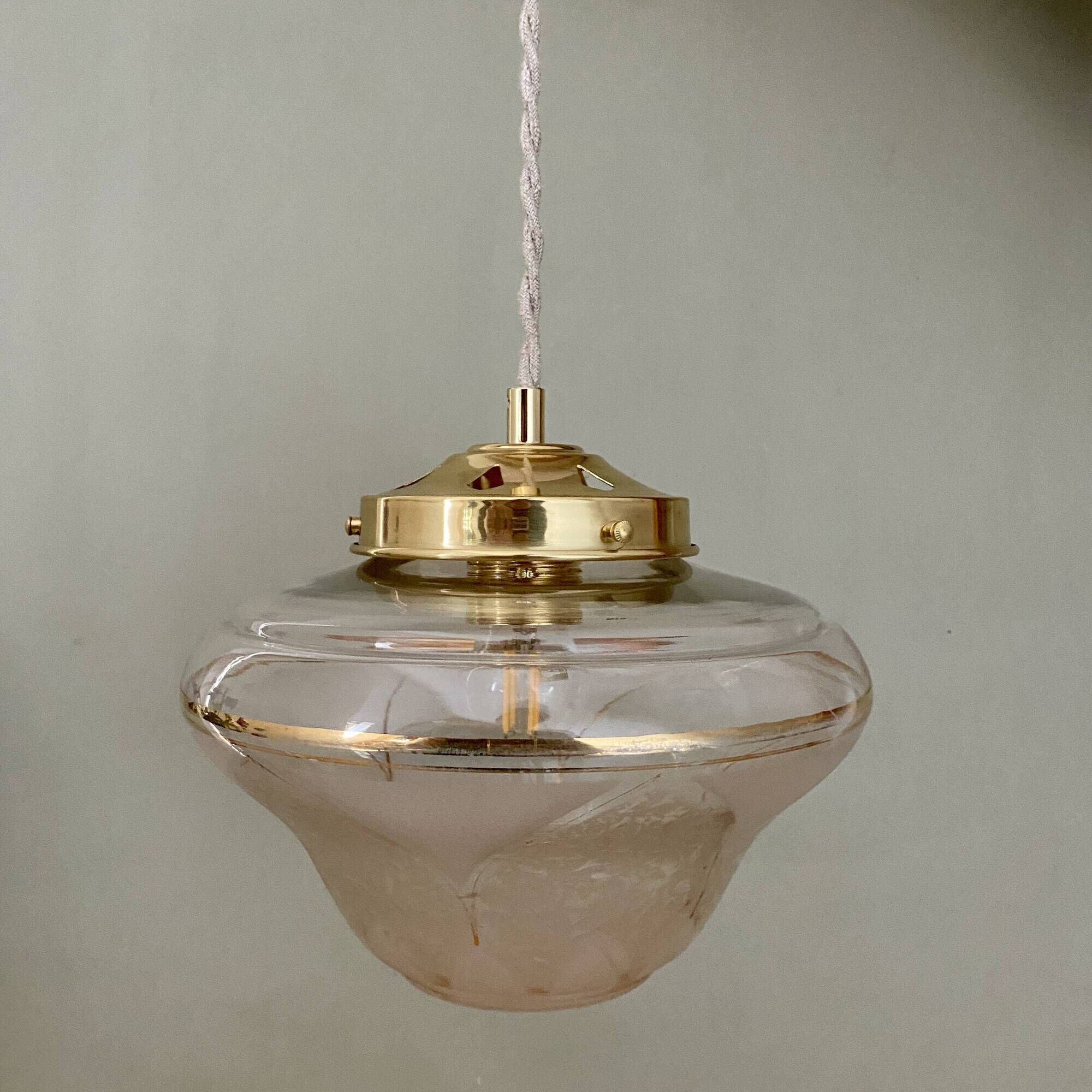 Vintage art deco globe pendant light in white and gold frosted glass