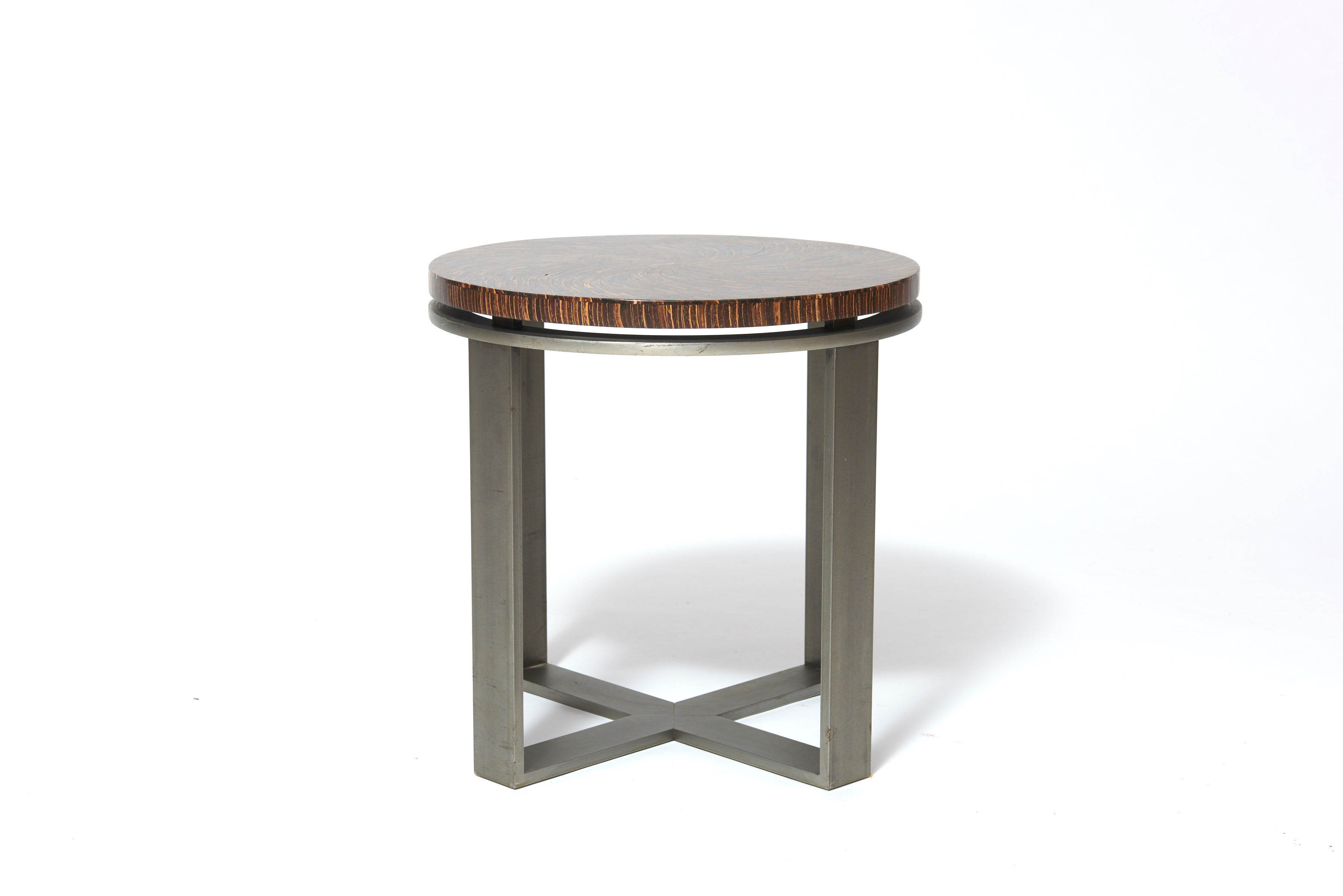 Art-deco style side table in palm wood and steel base