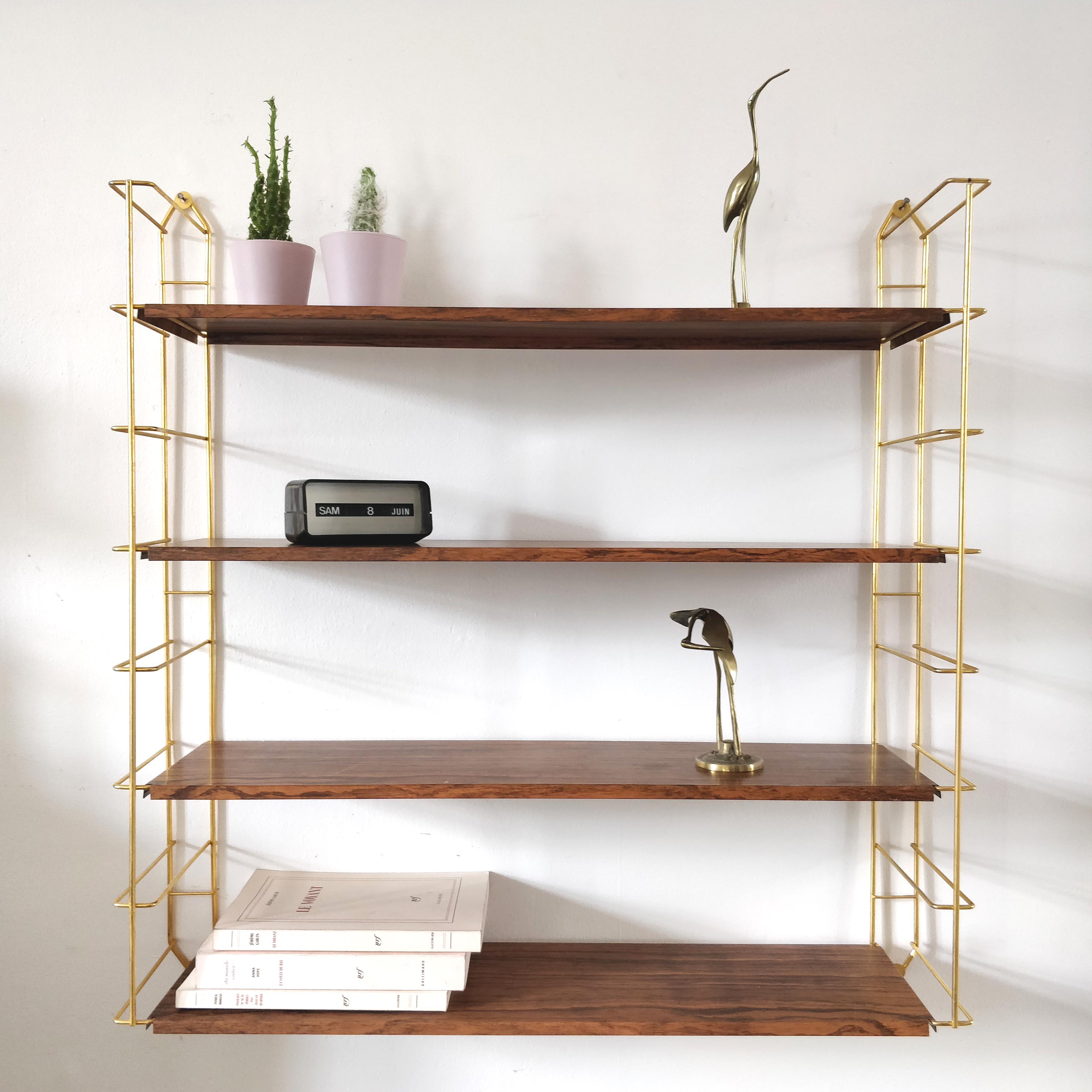 Wood-coloured metal string shelf and gold double studs 1960