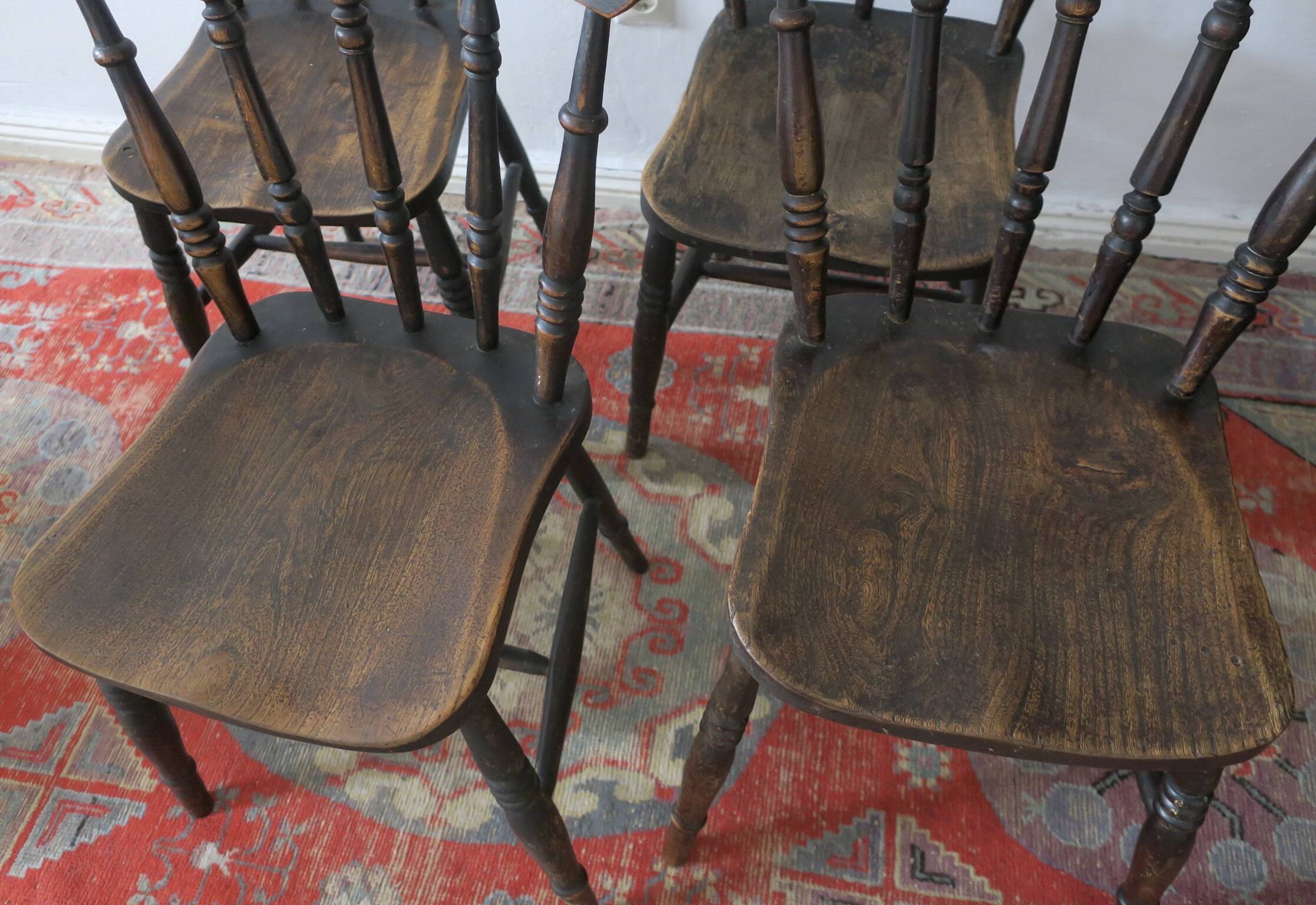 Antique set of 4 farmhouse patinated oak dining chairs, 19th century