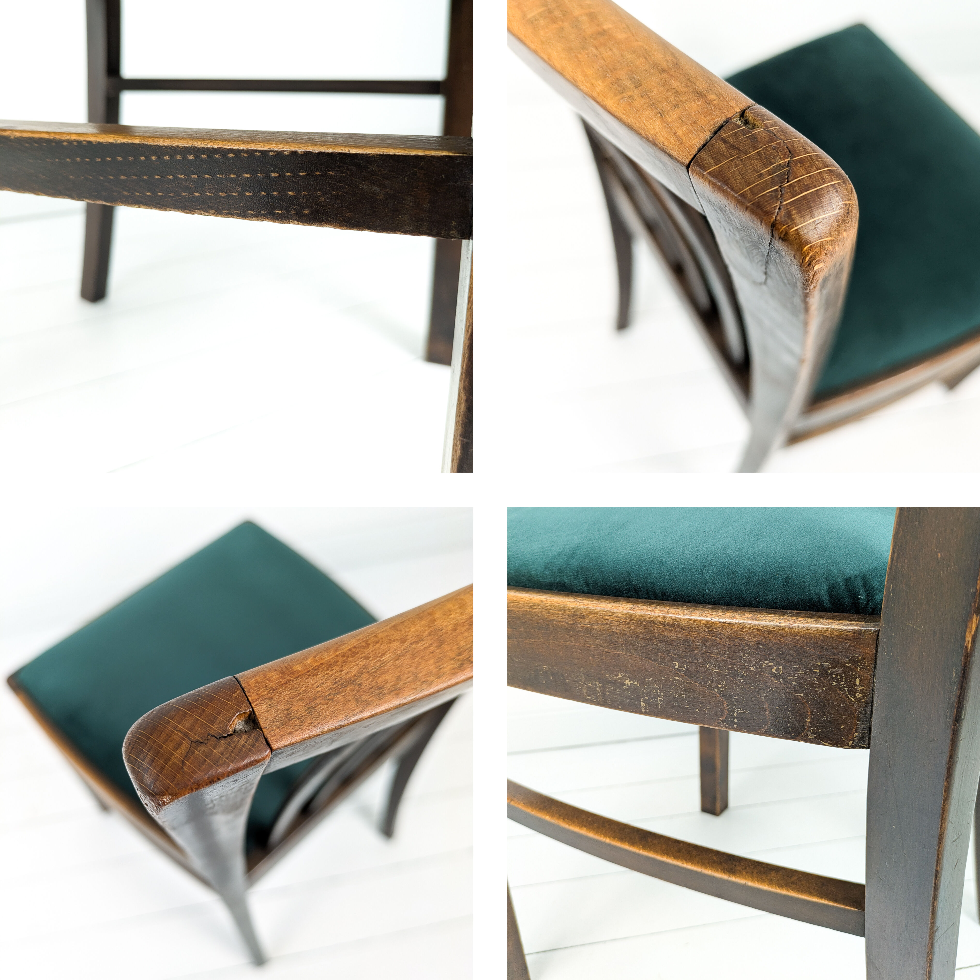 Lot de 4 chaises vintage bois brun, assise verte, style années 50