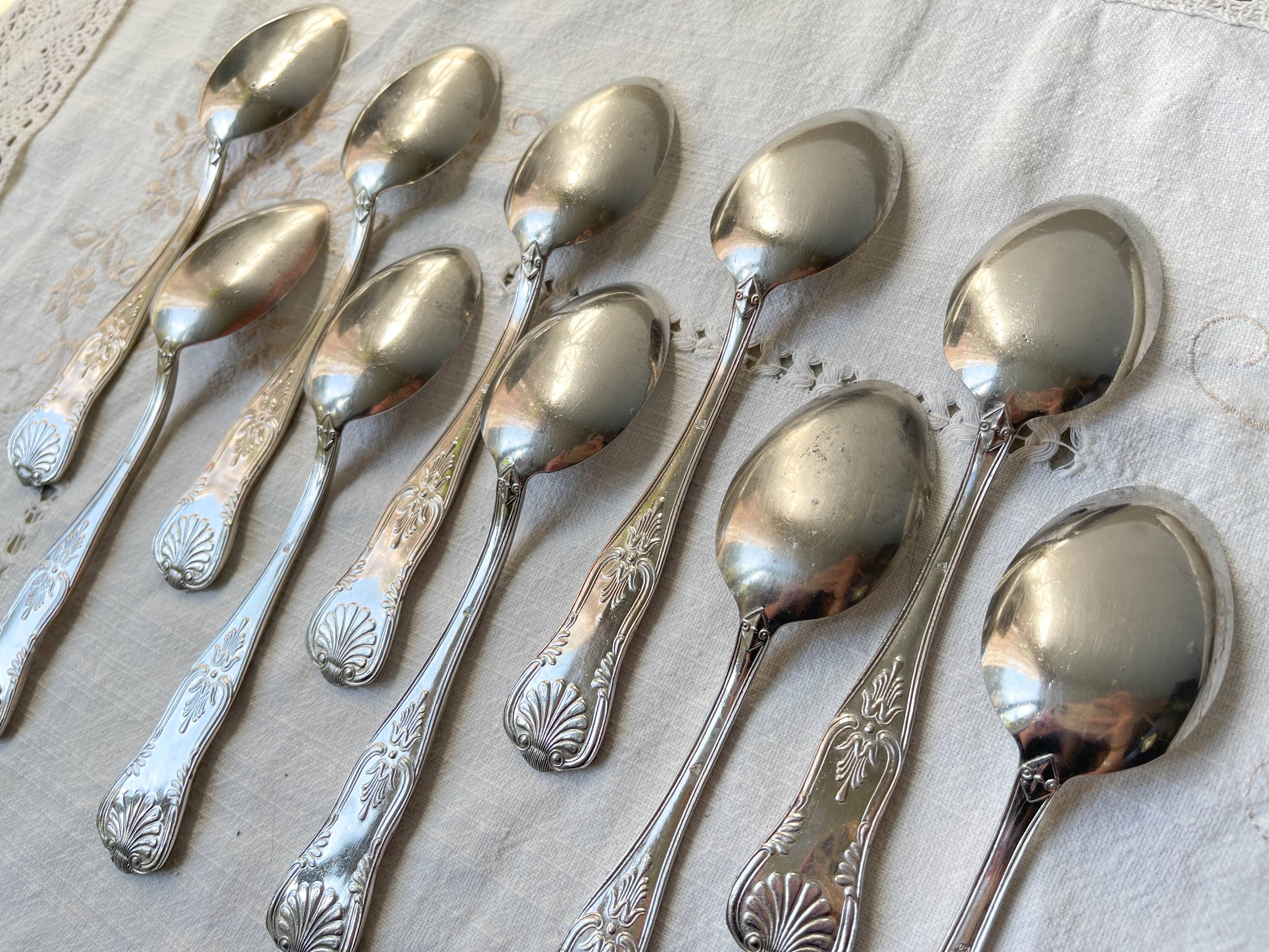 10 Vintage Rocaille Style Metal Soup Spoons