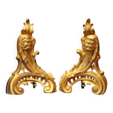 Andirons en bronze doré à tête de lion de style Louis XV du 19ème siècle, ensemble de 2.