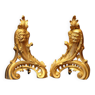 19th Century French Louis XV Style Gilt Bronze Lions Head Fireplace Andirons, Set of 2