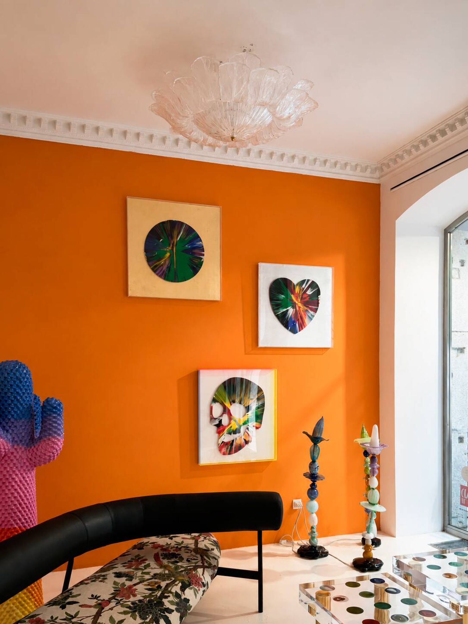 Set of three sculptural multicoloured glass floor lamps in a modernist style.