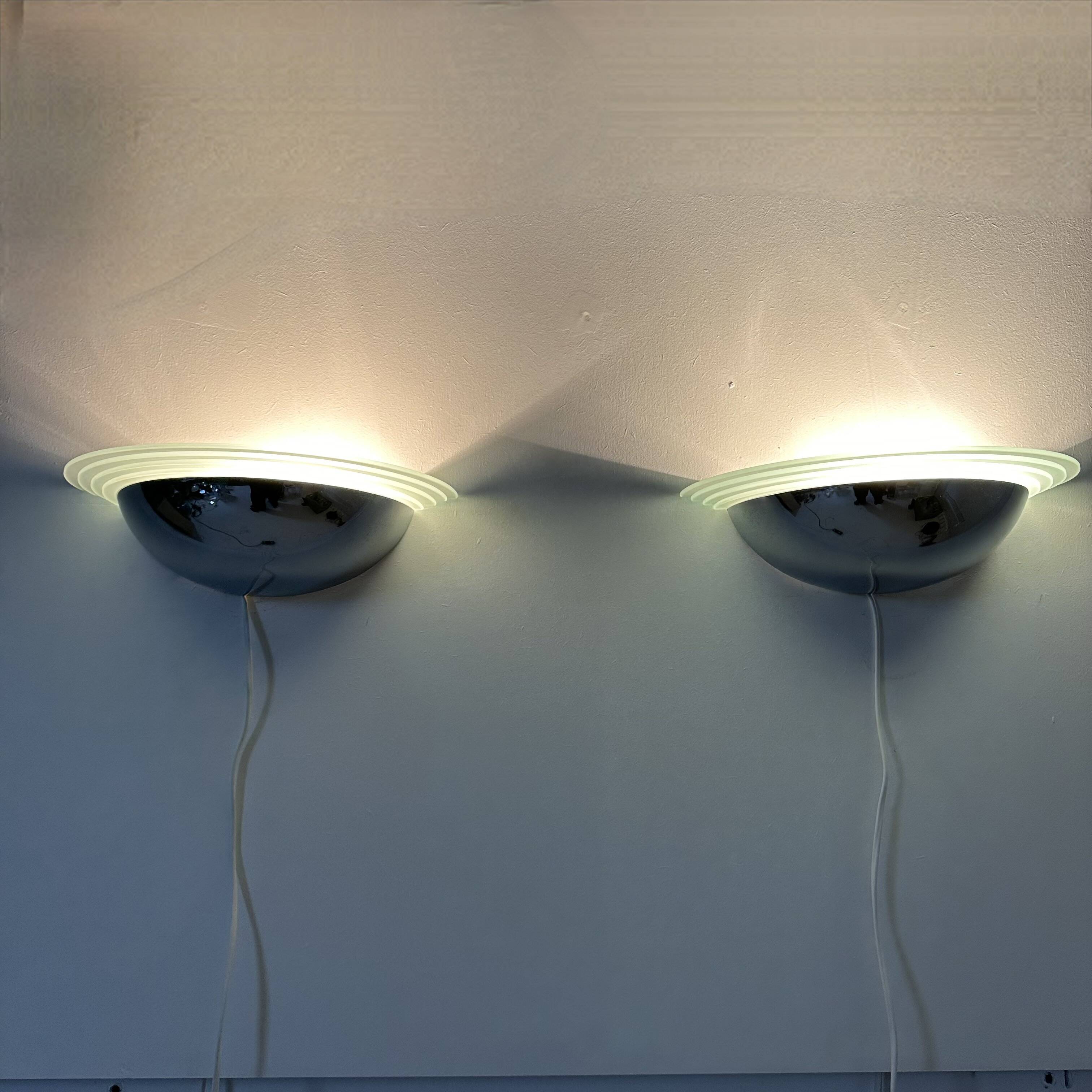 Pair of post modern wall lamps chrome and glass , 1980s