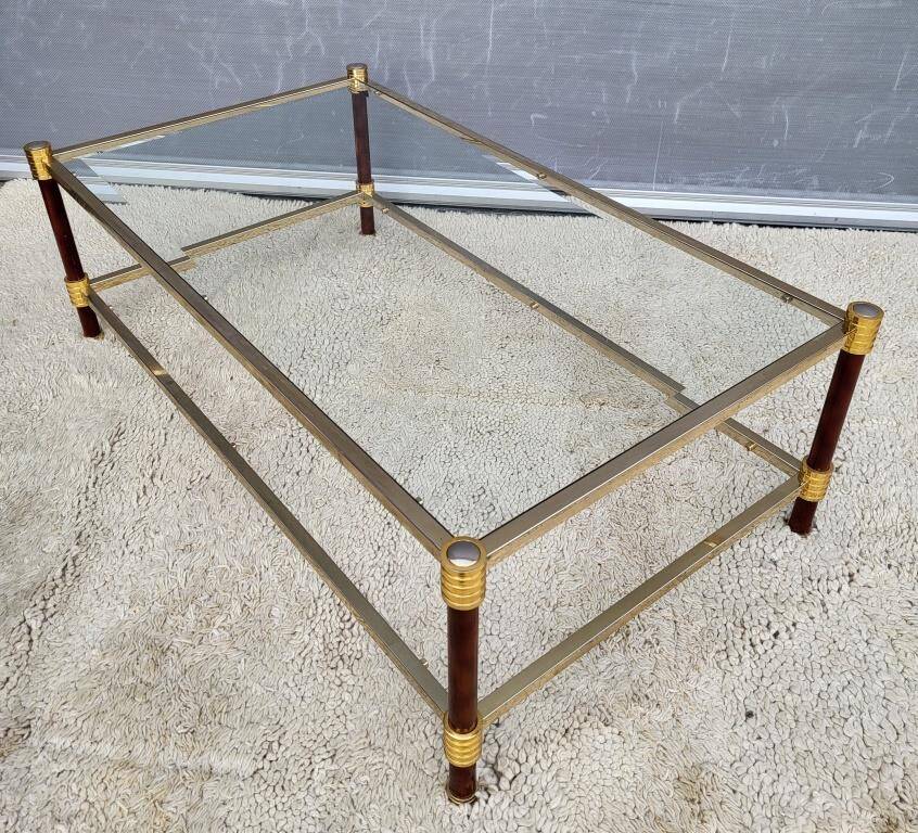 Gold glass coffee table with tobacco-colored legs, 1970s design