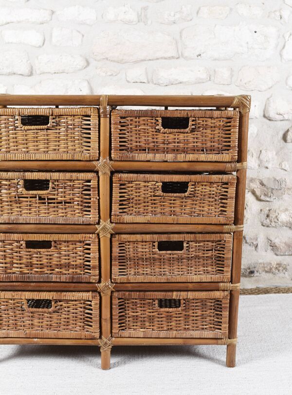 Commode en osier et rotin avec 8 tiroirs