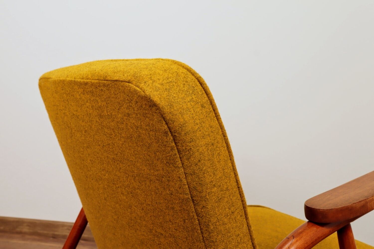 MID Century Armchair Ocher Yellow Wool, Turned Legs, 1960s