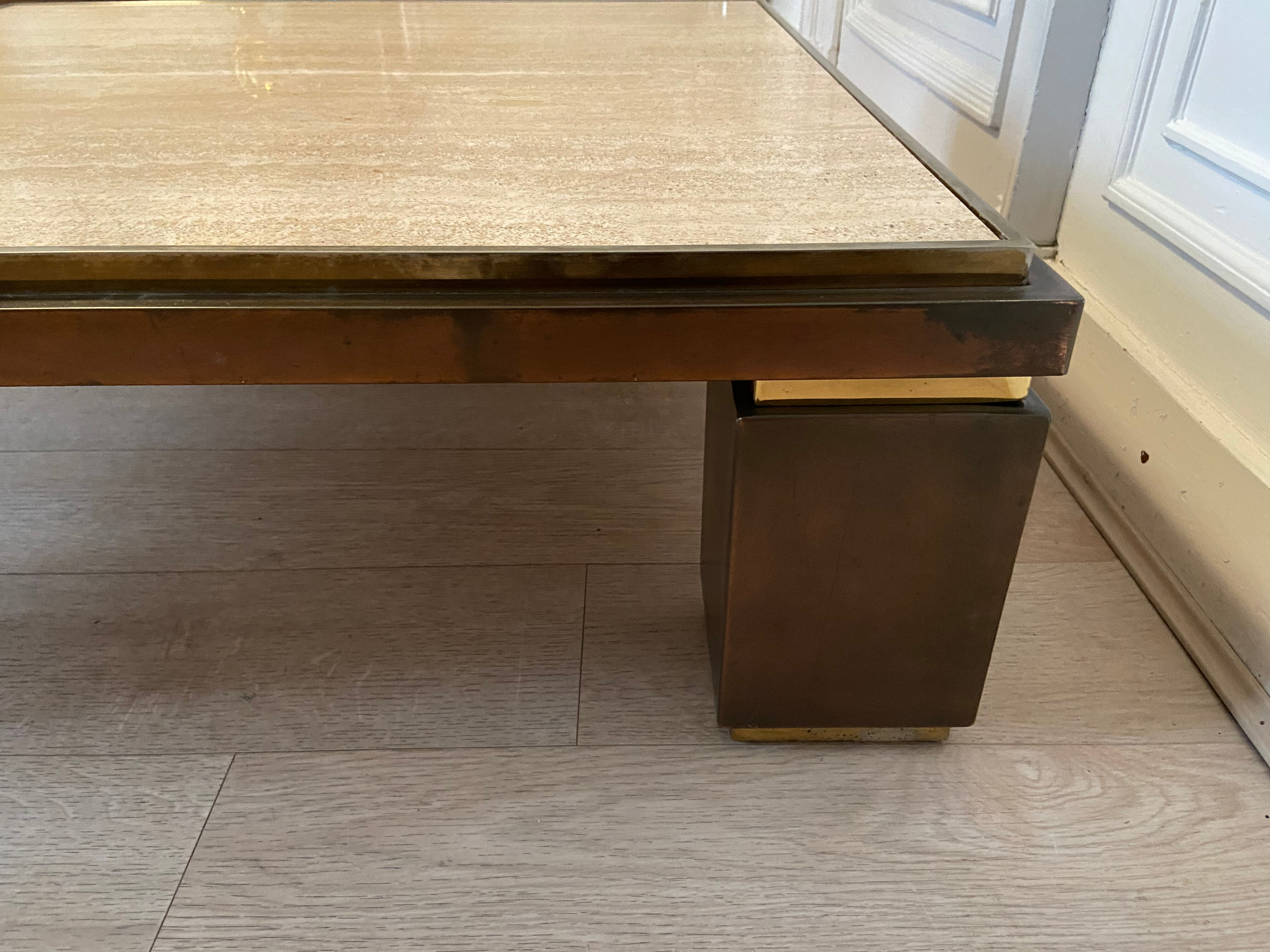 XXL copper brass and travertine square coffee table, Belgo Chrom