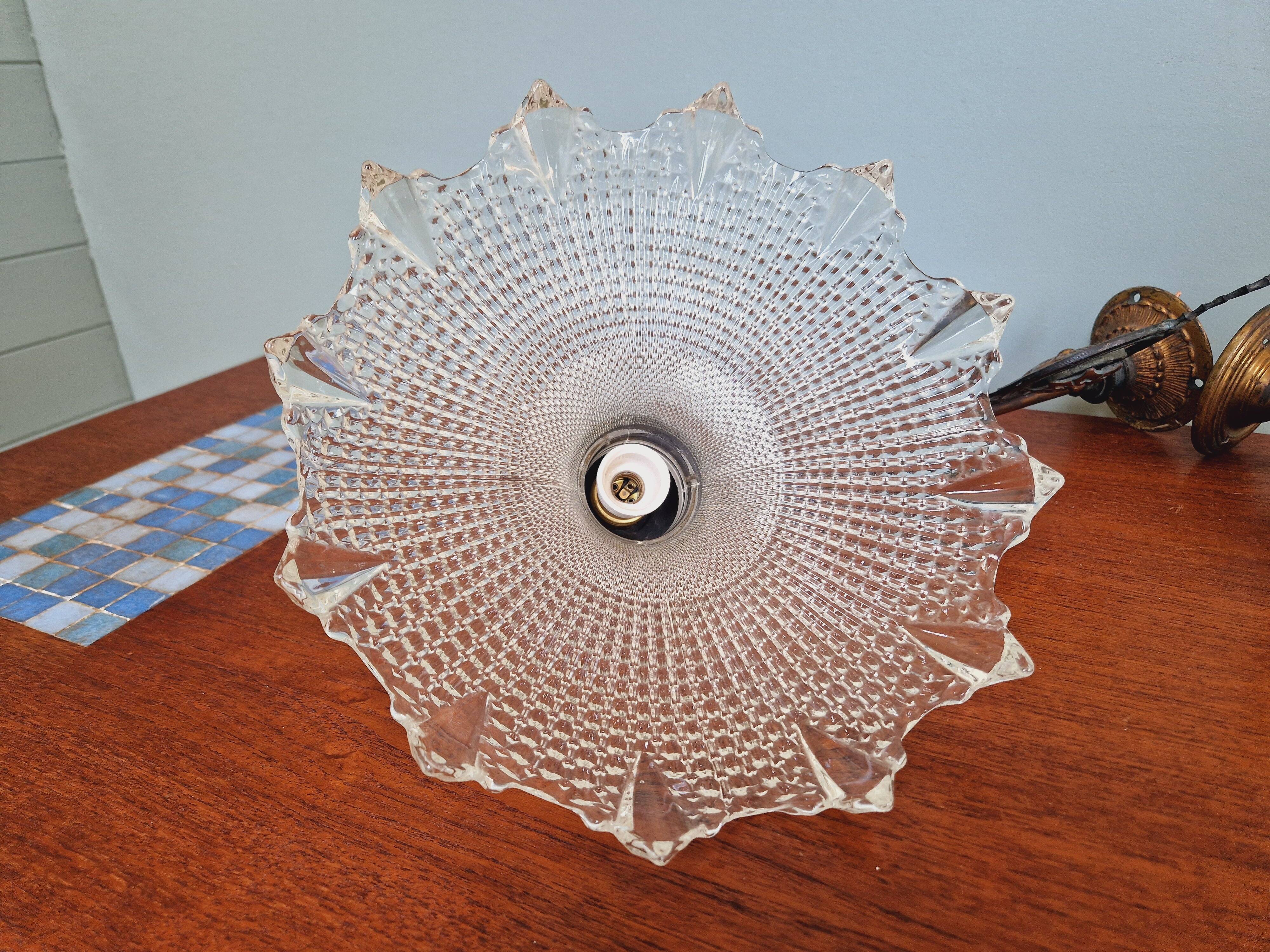 Pair of pendant lights in bronze and scalloped transparent glass
