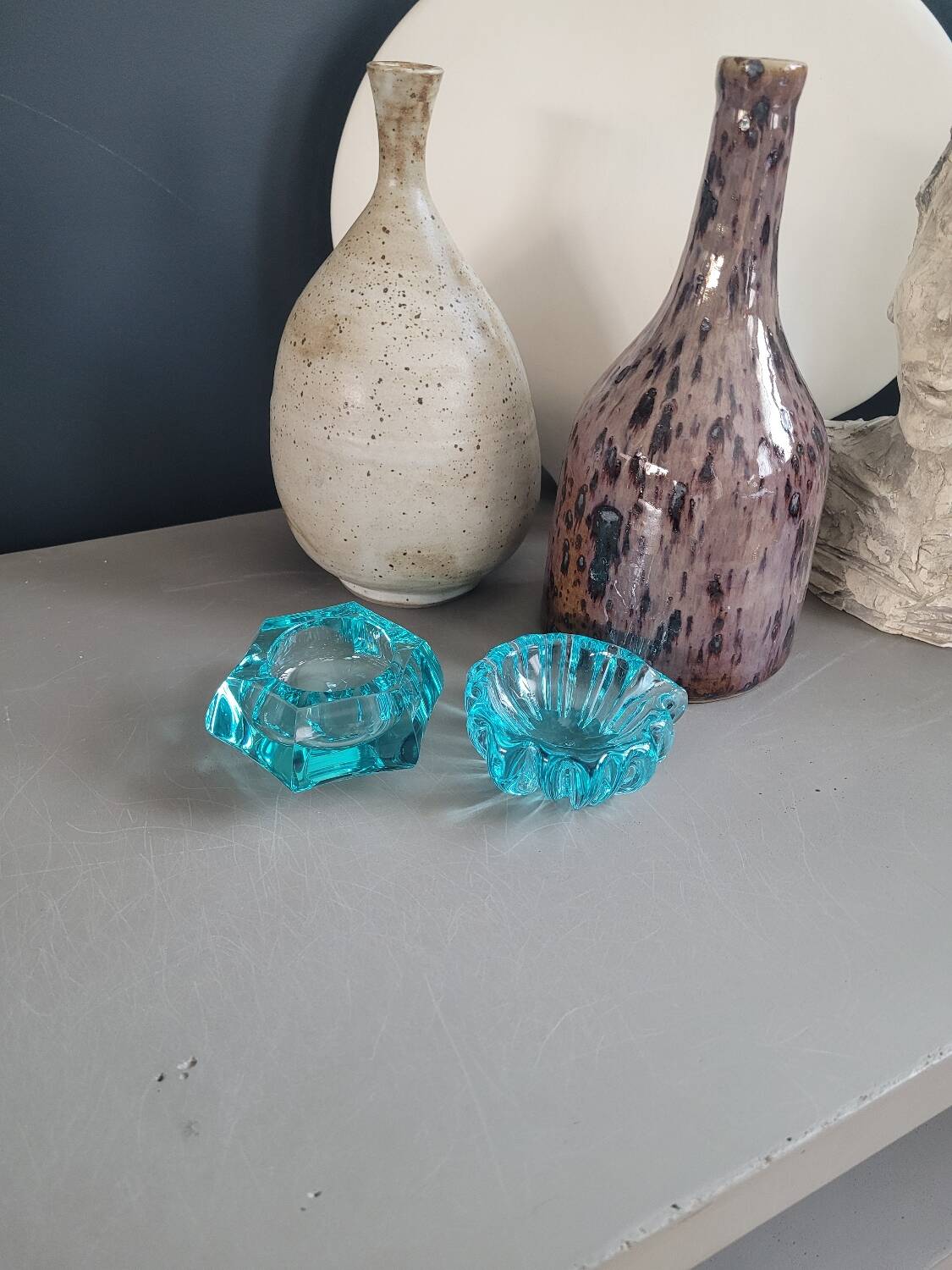 Set of 2 assorted turquoise glass ashtrays