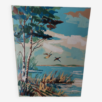 Oil on canvas flight of ducks