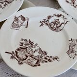 8 assiettes plates en faïence Clairefontaine motif Kyoto sépia fin XIXème