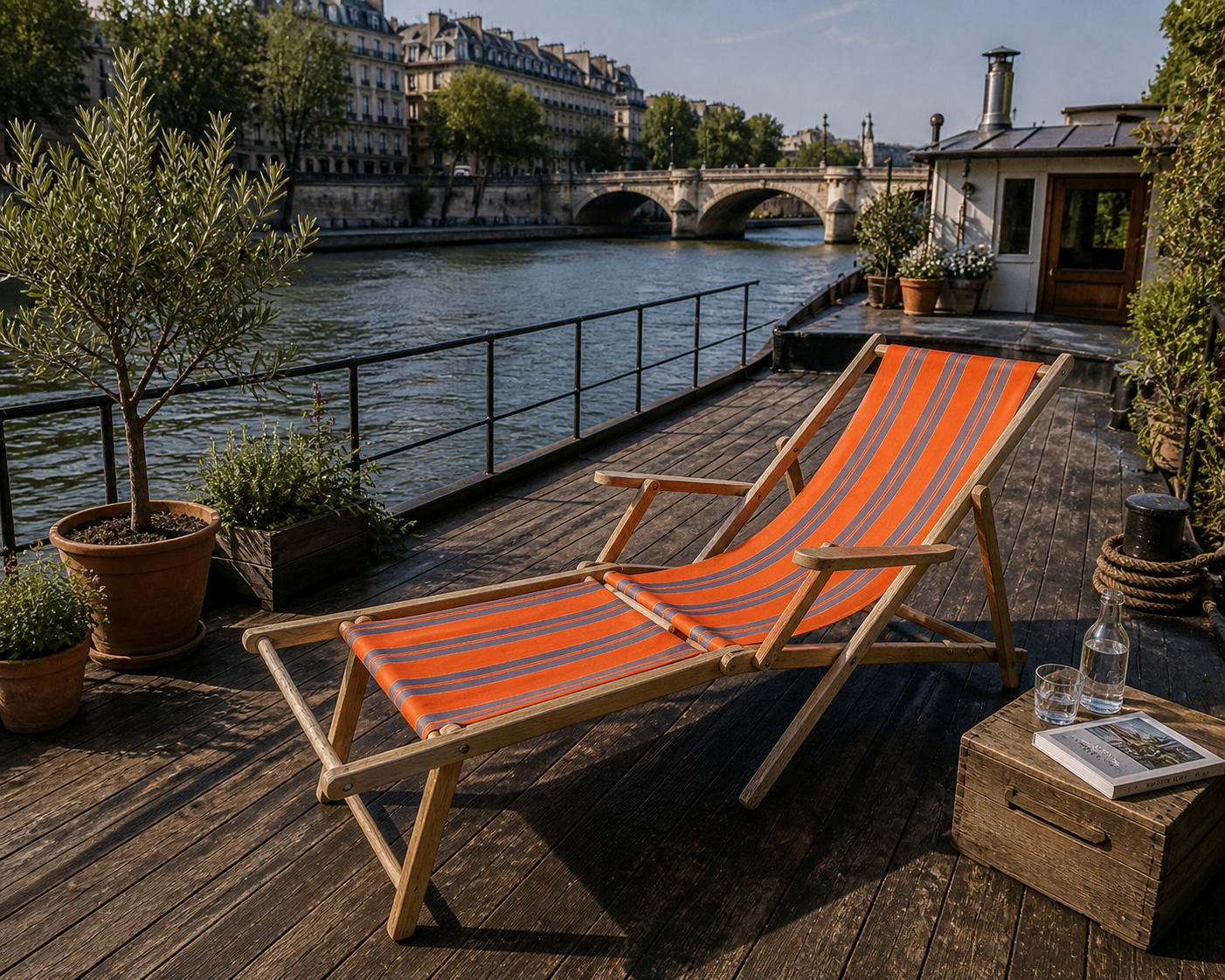 Vintage deck chair with orange and grey striped fabric, original patina.