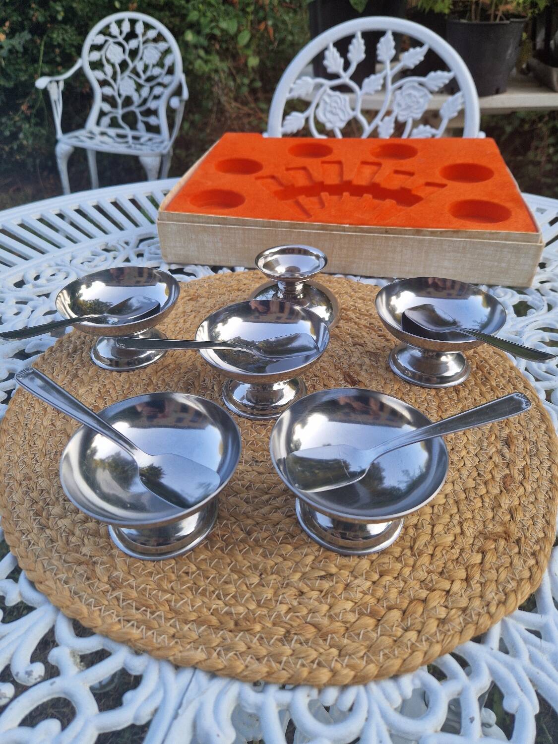 Lot de 6 bols à dessert vintage en acier inoxydable avec 5 cuillères