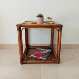 Table d'appoint vintage rotin et verre fumé années 70