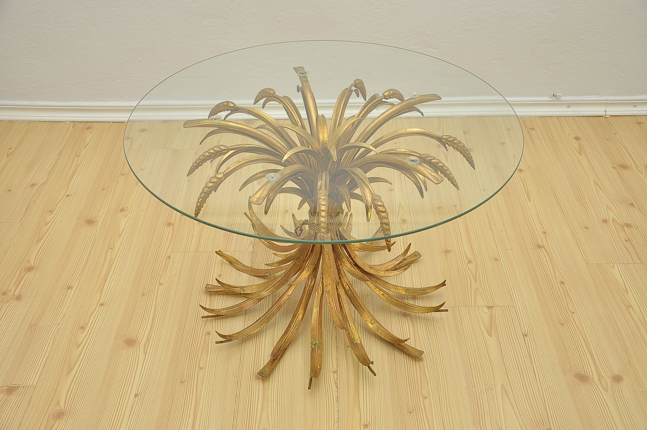 Hollywood Regency Coffee Table with Golden Wheat Frame, 1970s