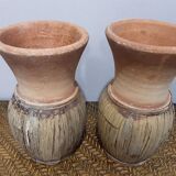 2 stoneware and bamboo pots