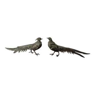 Pair of pheasants in silver metal, 1970
