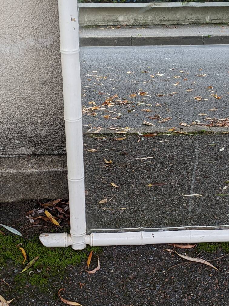 Large wooden mirror with bamboo effect painted in white, bohemian country decor