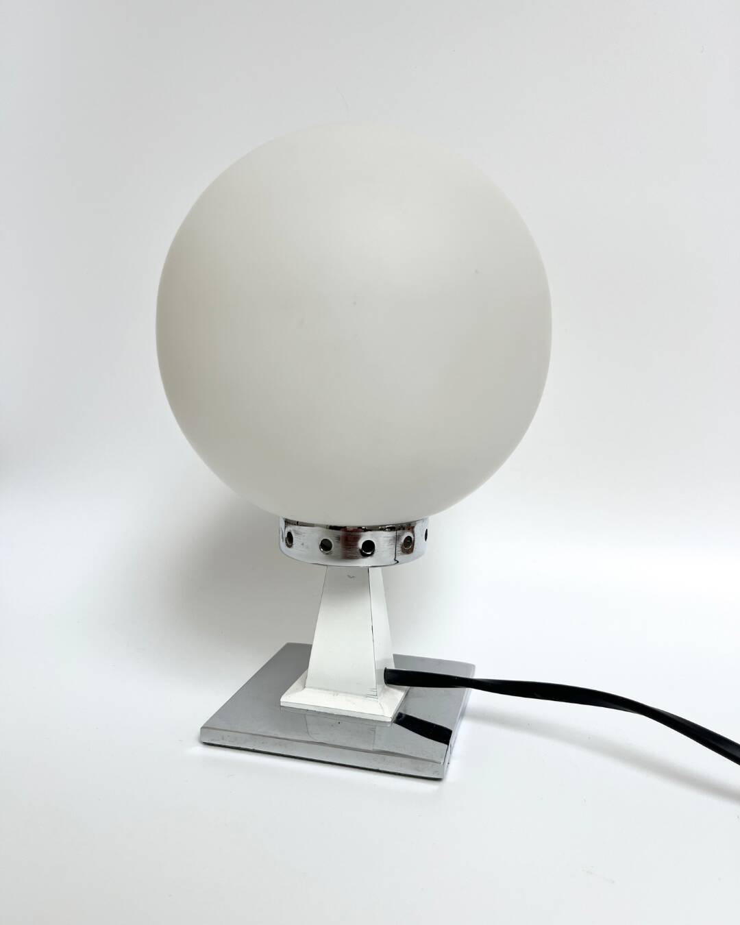 White opaline and chrome globe lamp – 1970s Space Age design