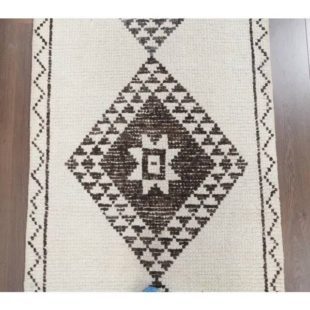 Vintage Turkish Oushak Handmade Wool Cotton White Runner Rug 90x345