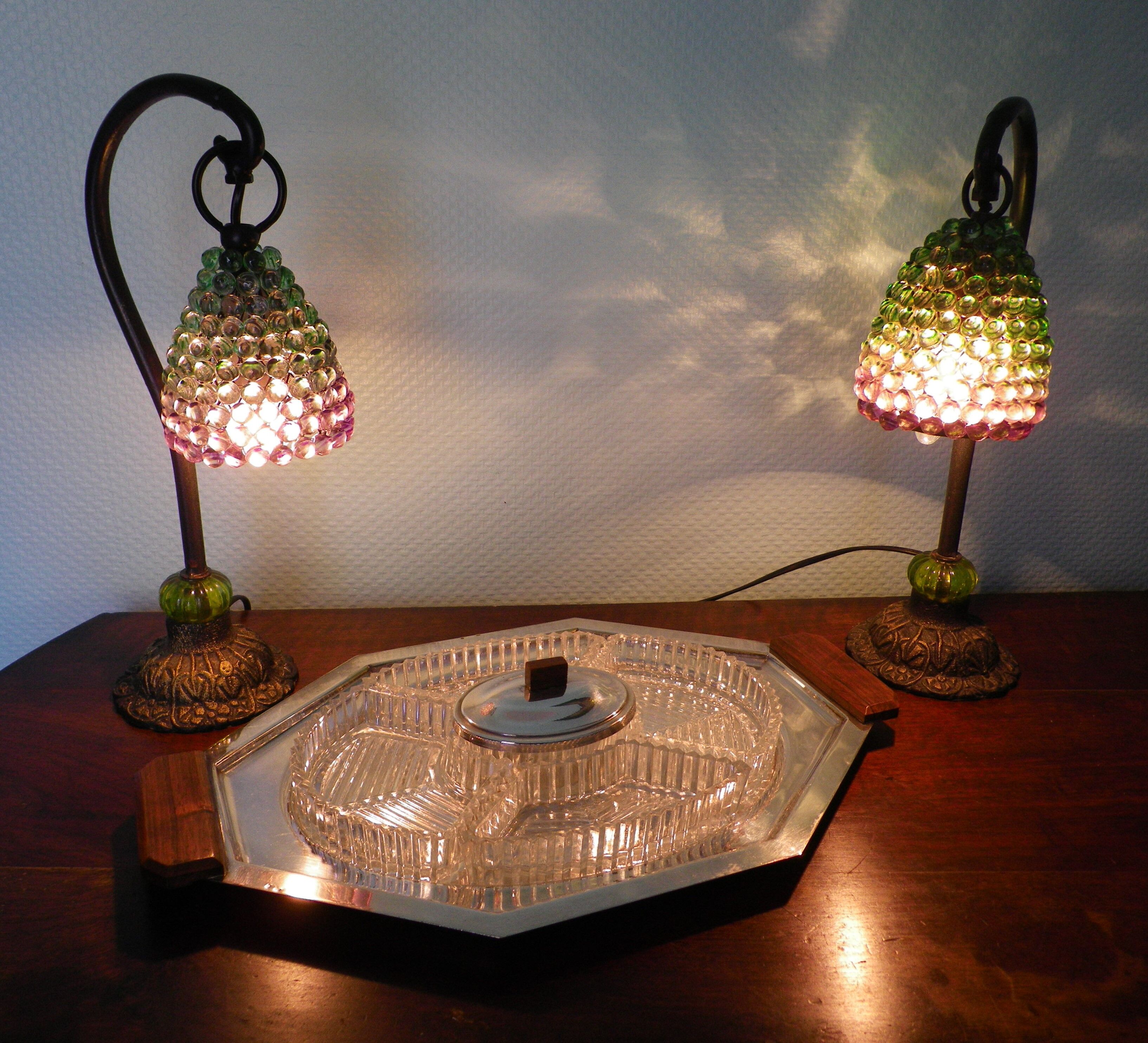 5-compartment thick glass servant - Silver metal with punch - Wooden handles - 1950/60