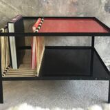 Metal modernist coffee table with scoubidou magazine racks design 1950