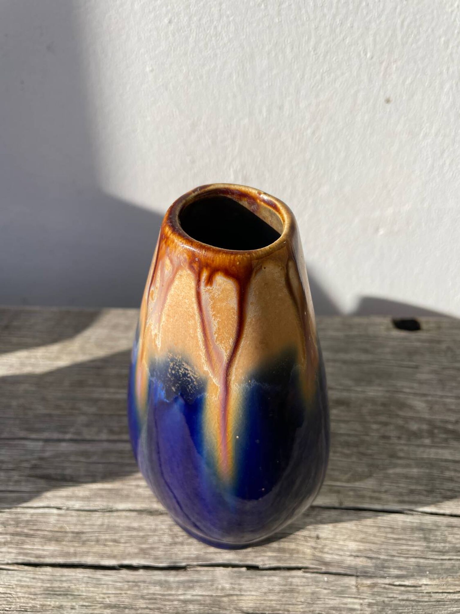 Belgian vase in blue and beige flamed stoneware