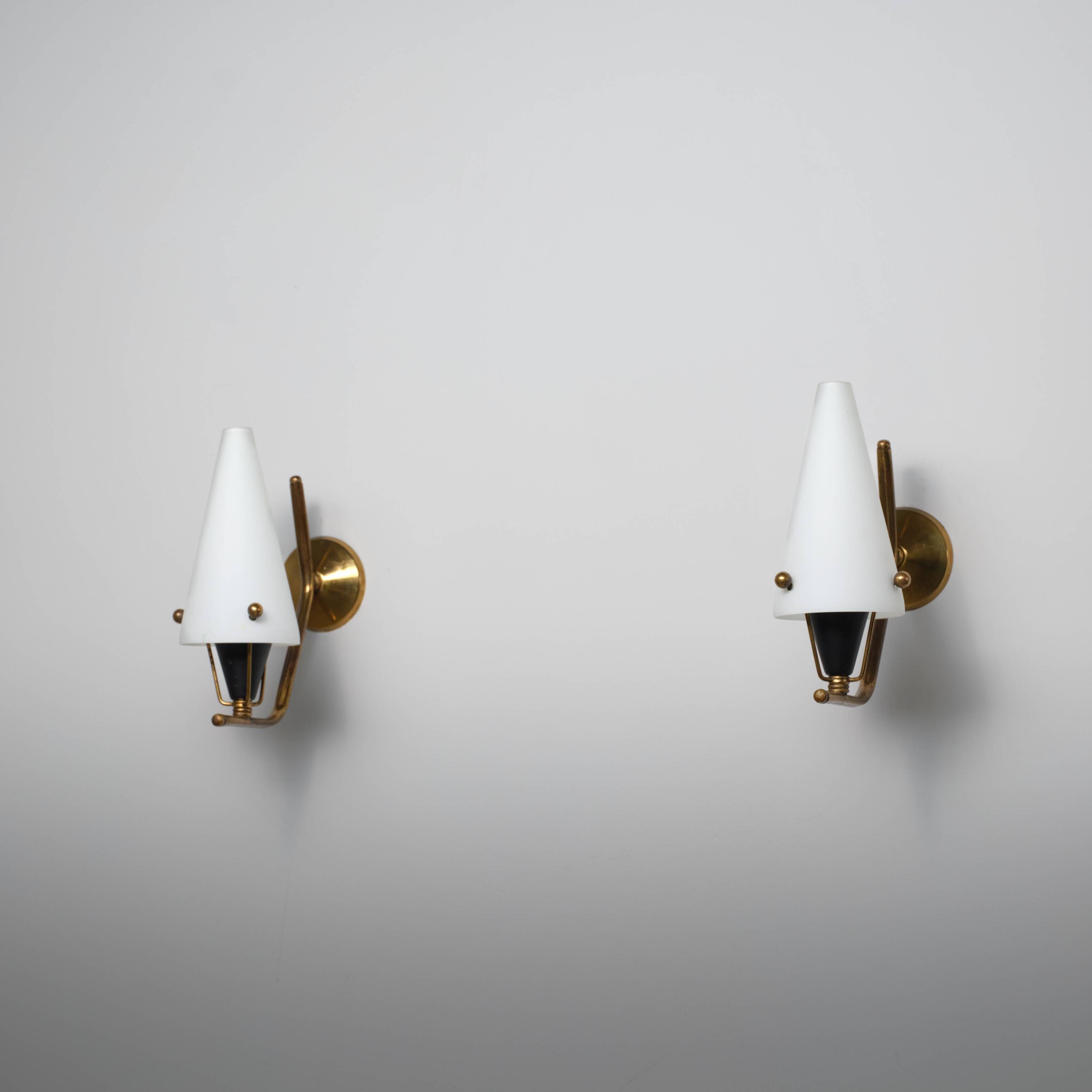 Pair of 1950s Italian Brass Sconces with Conical Opaline Glass Shades