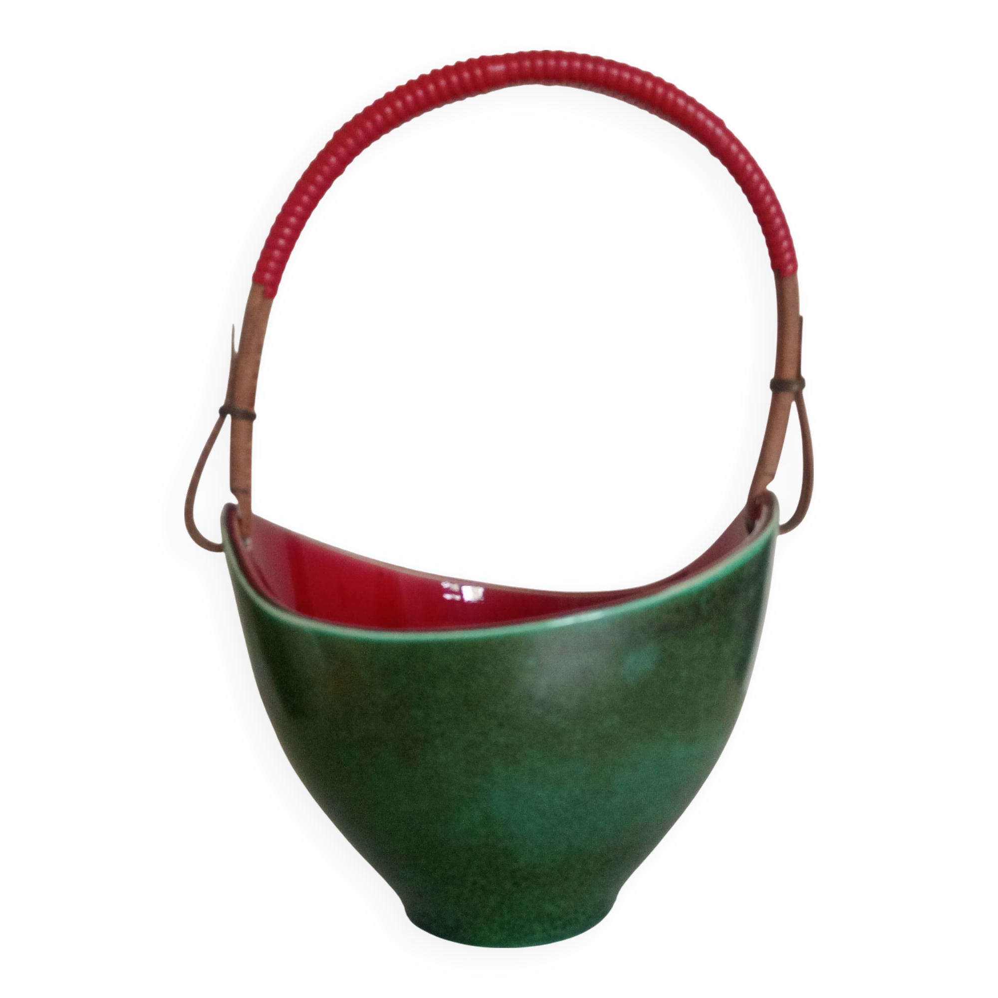 Leon elchinger soufflenheim - red and green ceramic fruit basket with handle