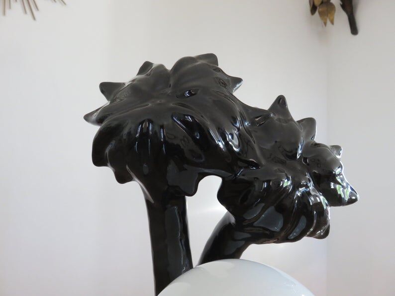 Black ceramic "palm" lamp and white opaline ball 70/80