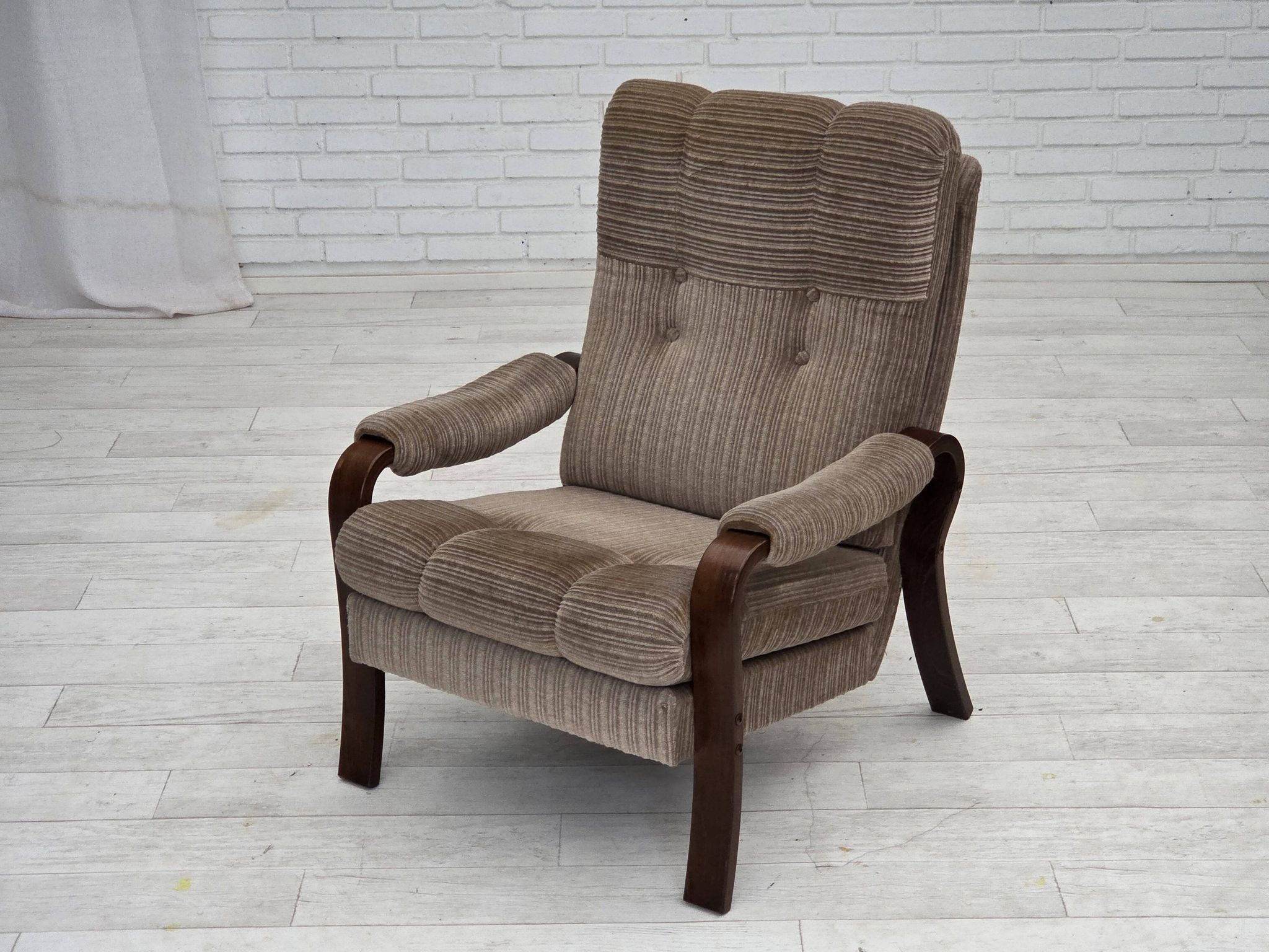 1970s, pair of Danish armchairs, brown furniture corduroy, beech wood.