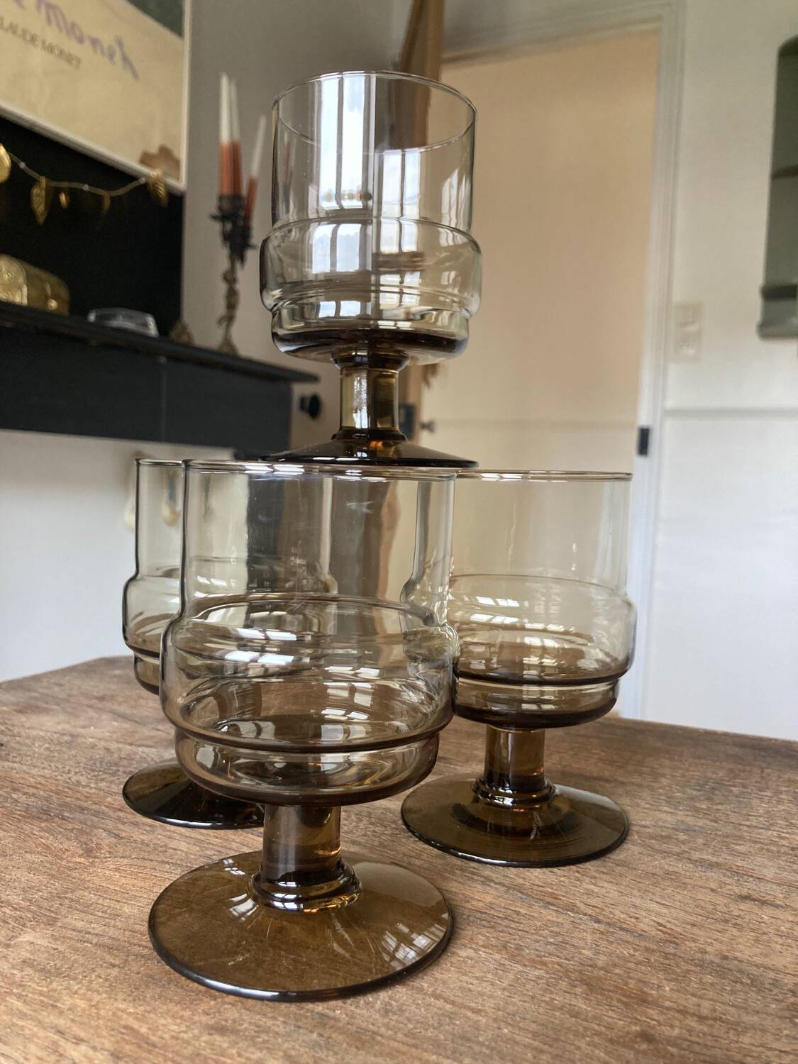 4 vintage smoked glass glasses