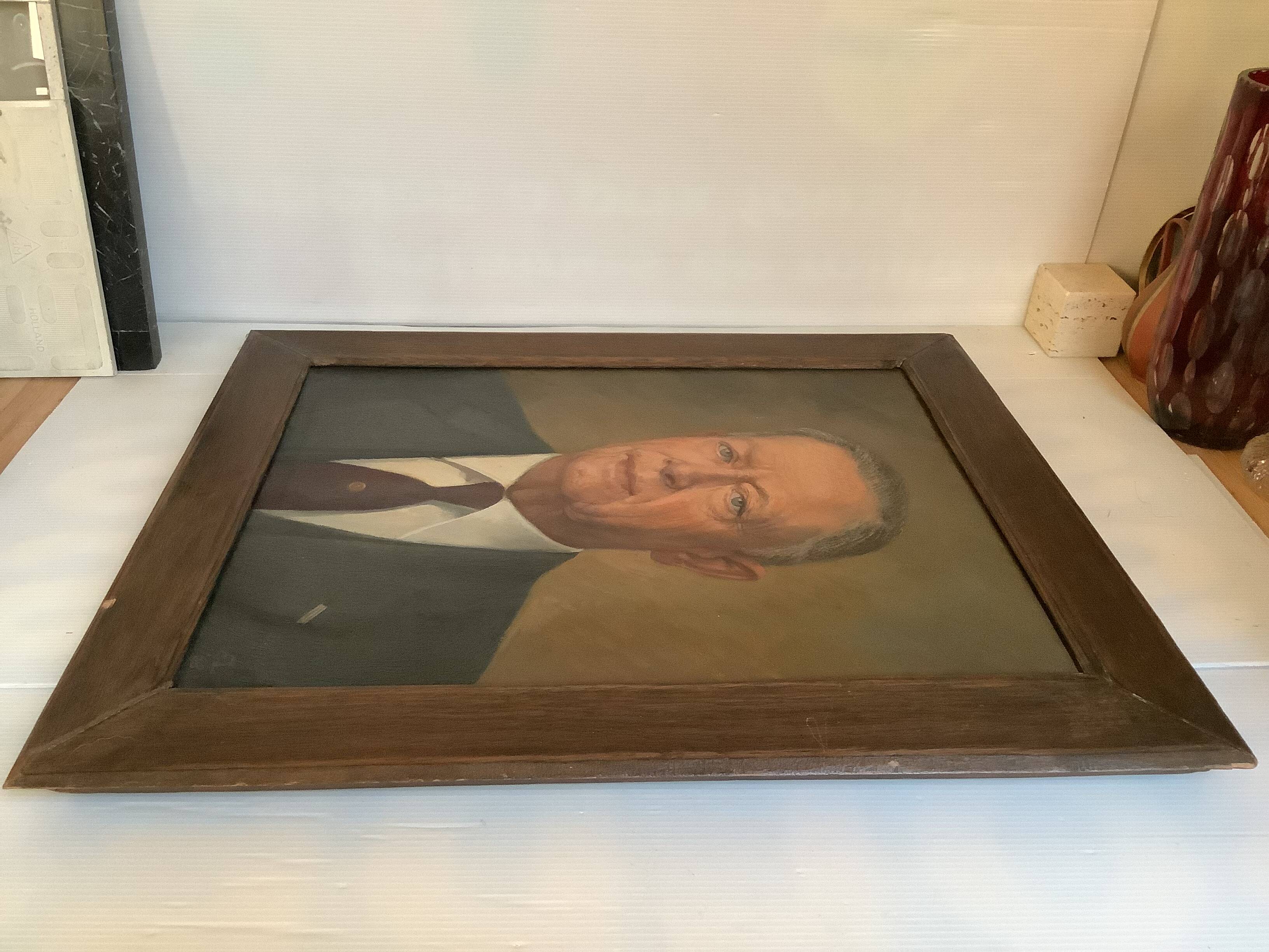 Large portrait painting of a man, oil on canvas, signed.