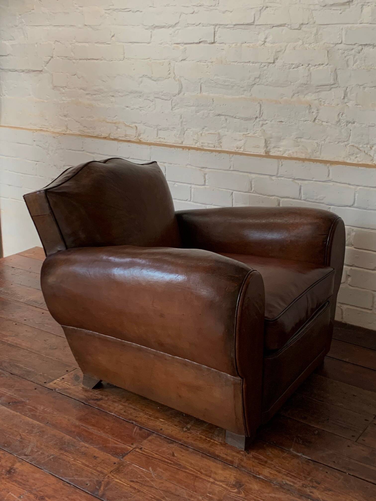 French Leather Club Chair, Havana Mustache Model, with Cuban Cigar Arms, Circa 1930's