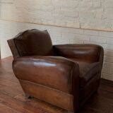 French Leather Club Chair, Havana Mustache Model, with Cuban Cigar Arms, Circa 1930's