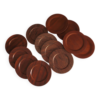 Set of 12 plywood rosewood and teak plates by Morsbak, Denmark 1960s