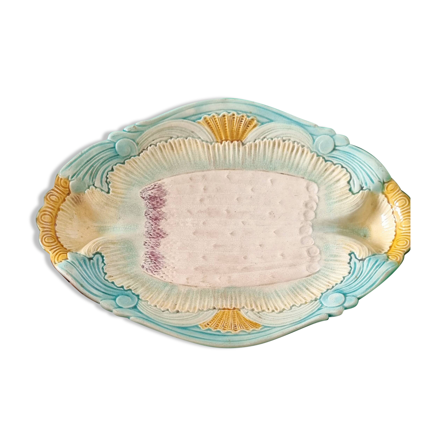 Rare and exquisite oval asparagus dish in Barbotine earthenware (majolica).